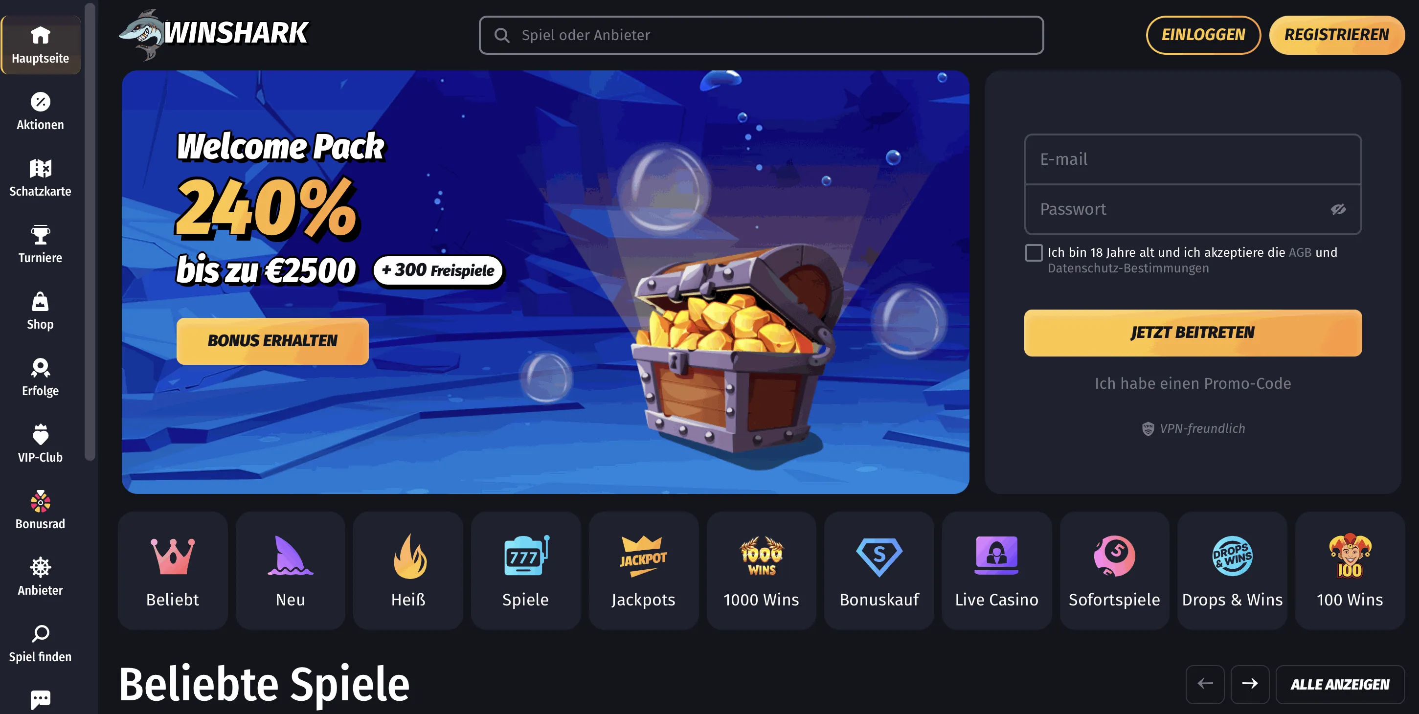 Winshark Online Casino Startseite
